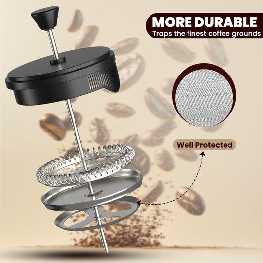 KICHLY - 34 Ounce French Press Espresso and Tea Maker with Triple Filters, Stainless Steel Plunger and Heat Resistant Borosilicate Glass, Black 🍁 All In One Marketplace Canada