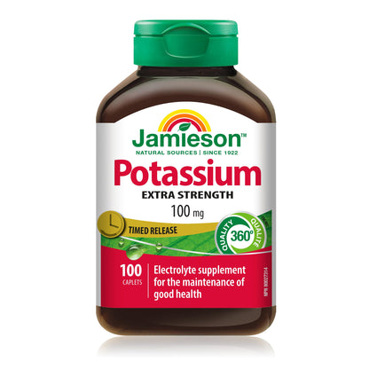 Jamieson Extra Strength Potassium 100 mg Timed Release, 100 Caplets, Supports Muscle & Nerve Function, Electrolyte Support, Helps Prevent Potassium Deficiency. Vegetarian, Proudly Canadian 🍁 All In One Marketplace Canada