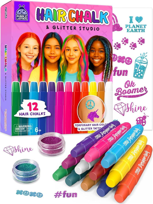 PURPLE LADYBUG Hair Chalk for Kids - 12 Safe Vibrant Temporary Hair Color for Kids - Girls Gifts 8-12 Years, 6 7 8 9 10 Year Old Girl Gift Idea - Tween & Teen Girl Gifts 🍁 All In One Marketplace Canada