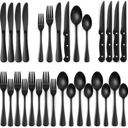 24-Piece Black Silverware Set with Steak Knives, Black Flatware Set for 4, Food-Grade Stainless Steel Tableware Cutlery Set, Mirror Finished Utensil Sets for Home Restaurant 🍁 All In One Marketplace Canada