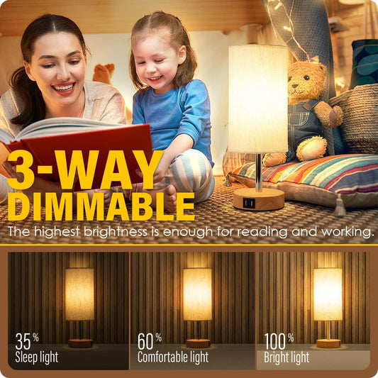 Yarra-Decor Bedside Table Lamp with USB Port - Touch Control for Bedroom Wood 3 Way Dimmable Nightstand Lamp with Round Flaxen Fabric Shade for Living Room, Dorm, Home Office (LED Bulb Included) 🍁 All In One Marketplace Canada