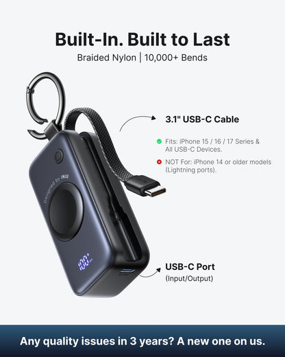INIU Mini Portable Charger for Apple Watch, Power Bank with Built-in USB C Cable, 5000mAh 20W PD Fast Charging smart Watch Charging Dock for Apple Watch Ultra 11 10 9 8 SE, iPhone Air 17 16 15 Air 🍁 All In One Marketplace Canada