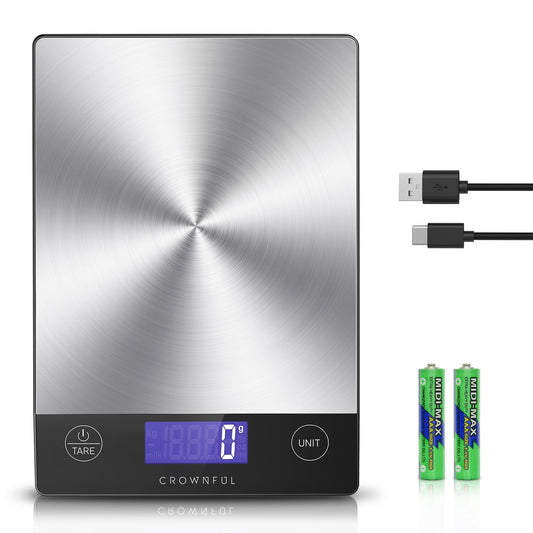 CROWNFUL Food Scale, Rechargeable 304 Stainless Steel Digital Kitchen Scale Up to 15kg/33lb Weight Grams and Ounces with LCD Display and Type-C Charging for Baking and Cooking 🍁 All In One Marketplace Canada