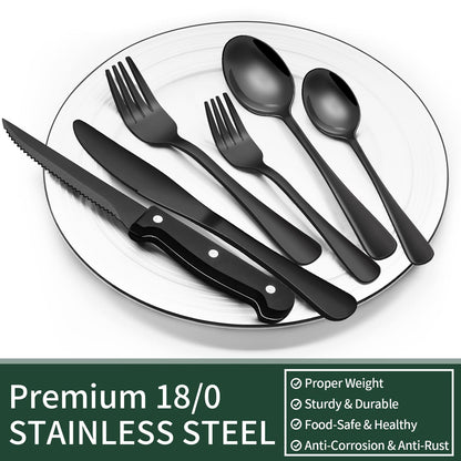 24-Piece Black Silverware Set with Steak Knives, Black Flatware Set for 4, Food-Grade Stainless Steel Tableware Cutlery Set, Mirror Finished Utensil Sets for Home Restaurant 🍁 All In One Marketplace Canada