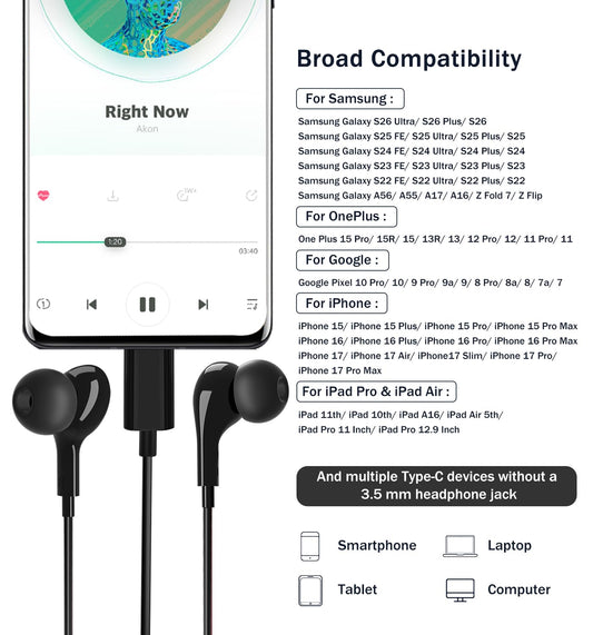 USB C Headphones for Samsung Galaxy S26 Ultra S25 S23 S22 S24 S21 A56 A55 A26 A35 A16 5G Magnetic in-Ear USB C Earbuds with Microphone Type C Earphones for iPhone 15 16 17 Pro Max Pixel 9 8 7 6 Pro 🍁 All In One Marketplace Canada