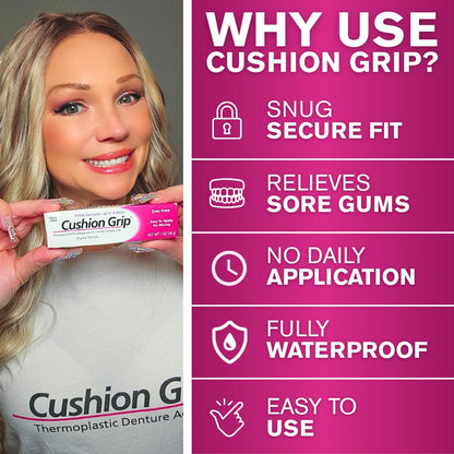 Cushion Grip Thermoplastic Denture Adhesive – Refits & Tightens Loose Dentures, Works Like a Denture Reliner for a Long-Lasting, Secure Fit, Cushions Gums, Waterproof & Zinc-Free - 1 oz 🍁 All In One Marketplace Canada