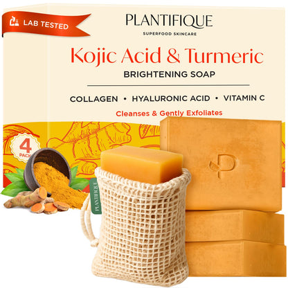 PLANTIFIQUE Turmeric & Kojic Acid Soap for Hyperpigmentation, Lab Tested - 4 Bars with Mesh Net - Face & Body Wash with Hyaluronic Acid, Collagen, Vitamin C - 320g / 11.28 oz 🍁 All In One Marketplace Canada
