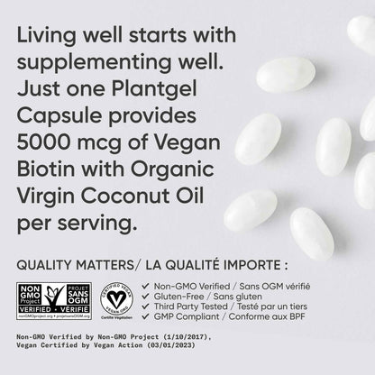 Sports Research® Extra Strength Vegan Biotin 5,000mcg with Organic Coconut Oil - Helps to Maintain Healthy Hair, Nails and Skin - Great for Women & Men - 120 Veggie Softgels 🍁 All In One Marketplace Canada