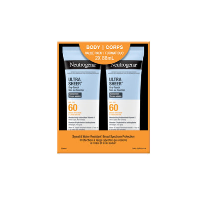 Neutrogena Ultra Sheer Dry-Touch Sunscreen Lotion, Broad Spectrum SPF 60 UVA/UVB Protection, Oxybenzone-Free, Light, Water Resistant, Non-Comedogenic & Non-Greasy, 88 mL (Twin Pack) 🍁 All In One Marketplace Canada