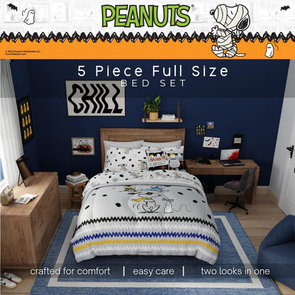 Peanuts Halloween Full Bed Set – Super Soft & Cozy 5 Piece Reversible Comforter and Sheet Set Featuring Snoopy & Charlie Brown, (Official Peanuts Product) by Franco