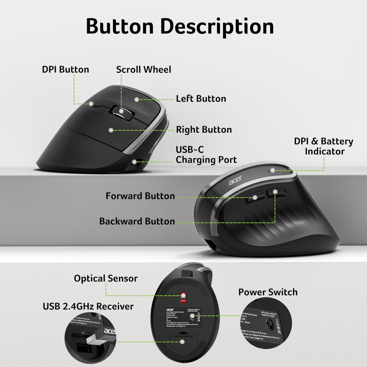 Acer Wireless Ergonomic Mouse, Rechargeable Vertical Mouse, 3 Adjustable DPI 1600/1200/1000, Ergo Mice, 2.4GHz Computer Mouse with 6 Buttons, 2.4GHz USB Receiver for Laptop, PC, Desktop 🍁 All In One Marketplace Canada