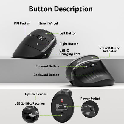 Acer Wireless Ergonomic Mouse, Rechargeable Vertical Mouse, 3 Adjustable DPI 1600/1200/1000, Ergo Mice, 2.4GHz Computer Mouse with 6 Buttons, 2.4GHz USB Receiver for Laptop, PC, Desktop 🍁 All In One Marketplace Canada