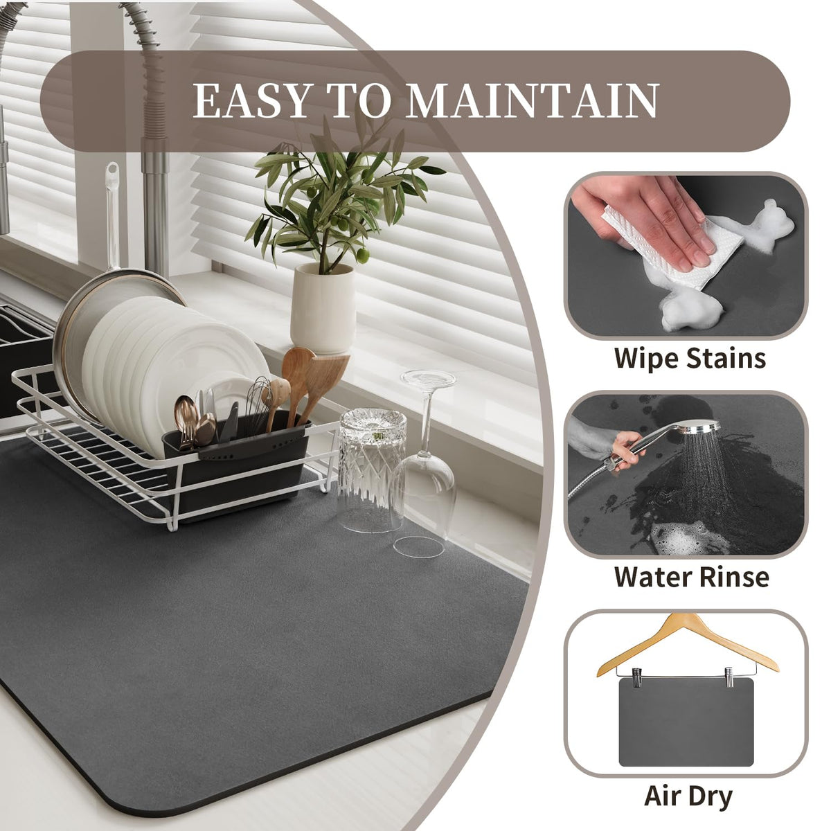 MontVoo-Absorbent Dish Drying Mat-Kitchen Counter Rubber Backed Water Absorbing Drying Mat-Hide Stain Under Dish Mat Quick Dry Coffee Mat-Dark Grey 12''x19'' 🍁 All In One Marketplace Canada