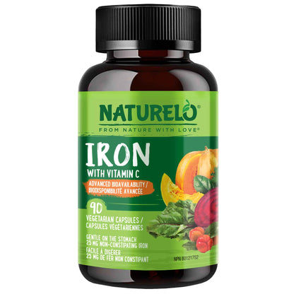 NATURELO Vegan Iron Supplement with Vitamin C and Organic Whole Foods, 90 Capsules, Gentle Iron Capsules for Women & Men with this Mineral Deficiency - Including Pregnancy, Anemia and Vegan Diets 🍁 All In One Marketplace Canada