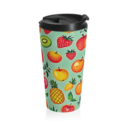 Colorful Fruit Pattern Travel Mug | Strawberry Apple Orange Kiwi Pineapple