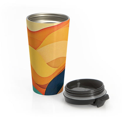 Sunset Waves Stainless Steel Travel Mug — Abstract Retro Orange & Yellow Design