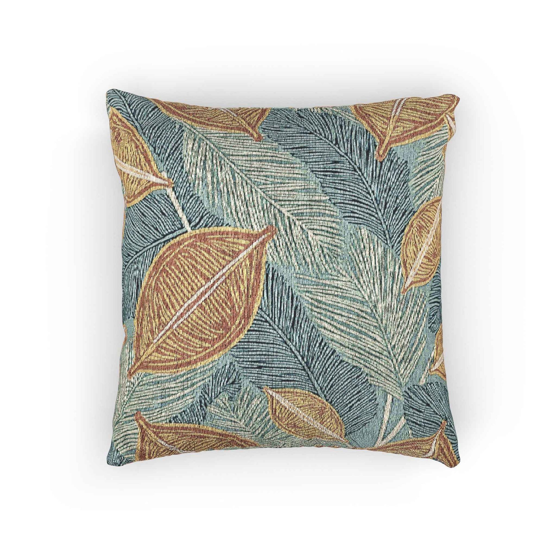 Tropical Leaf Woven Pillow | Teal Rust Boho Decorative Throw