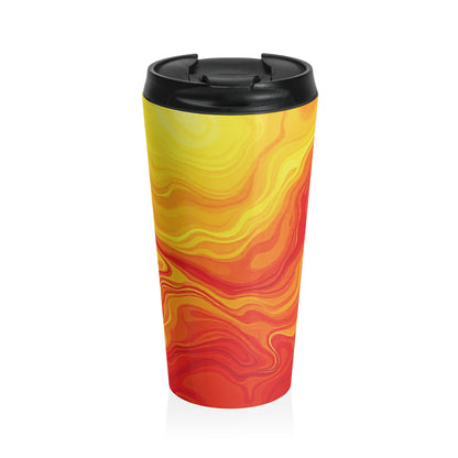 Sunset Swirl Stainless Steel Travel Mug — Insulated Orange & Yellow Marble Drink Tumbler