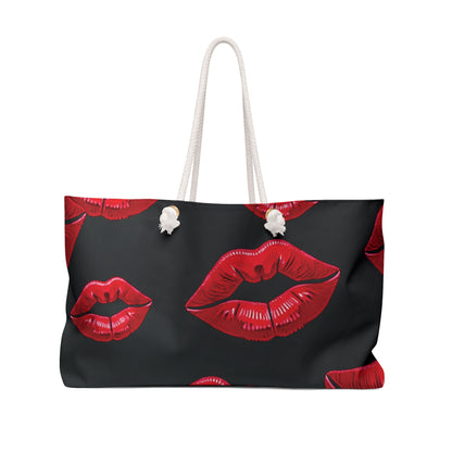 Red Lip Print Weekender Bag | Bold Kiss Pattern, Black Background