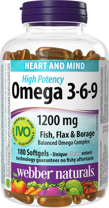 Webber Naturals Omega 3-6-9 1,200 mg Fish Oil, 180 Clear Enteric No Fishy Aftertaste Softgels, Supports Cardiovascular Health and Brain Function 🍁 All In One Marketplace Canada