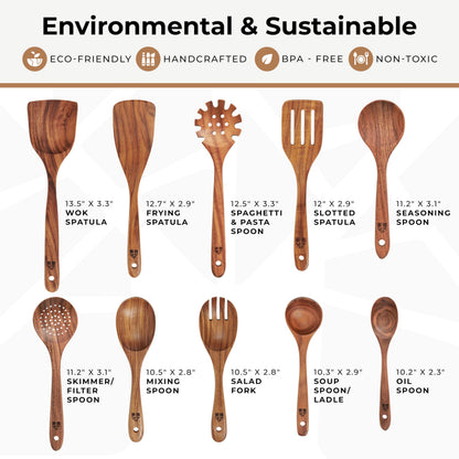 Wooden Spoons for Cooking, Kitchen Utensil Set, 10 Pcs Cooking Utensils Set for Nonstick Pans & Cookware – Study Teak Wood, Lightweight & Heat Resistant 🍁 All In One Marketplace Canada