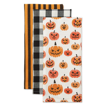 DII Halloween Hand Towels for The Kitchen Decorative Spooky & Fun Cotton Printed Dishtowel Set, 18x28, Black & White Buffalo Check/Orange Stripes, 3 Count