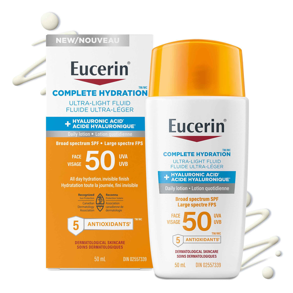 Eucerin Complete Hydration Ultra-Light Fluid Sunscreen, Daily Face Sunscreen SPF 50 With Hyaluronic Acid, Body SPF 50 Lotion with UVA-UVB Sun Protection, Fragrance Free & Non Greasy, 50 ml 🍁 All In One Marketplace Canada
