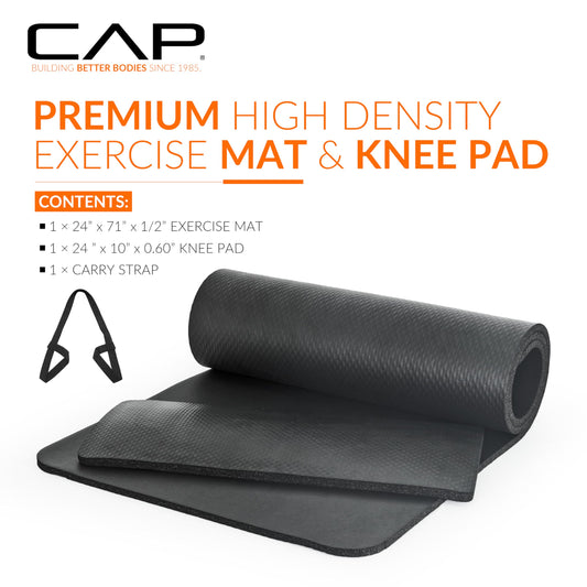 CAP Barbell Yoga Mat 1/2" Thick with Carrying Strap & Knee Pad - High Density Exercise Mat for Yoga, Pilates, Stretching, Floor & Fitness Workouts - 71''x24''x1/2" | Black 🍁 All In One Marketplace Canada