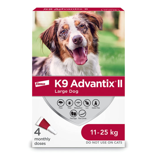 K9 Advantix II Flea and Tick Treatment for Large Dogs weighing 11 kg to 25 kg (24 lbs. to 55 lbs.)-4 doses 🍁 All In One Marketplace Canada