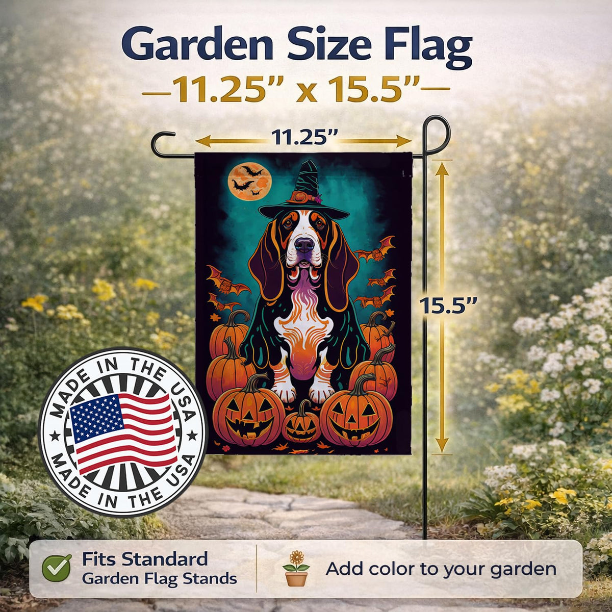 Caroline's Treasures Basset Hound Witchy Halloween Garden Flag