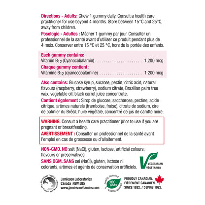 Jamieson Vitamin B12 1,200 mcg Gummies Natural Raspberry Flavour, Naturally Energizing, and Supports Metabolism. Vegetarian, Non-GMO, Gluten-Free, No Artificial Flavours, Colours, or Preservatives, 70 Count, Proudly Canadian