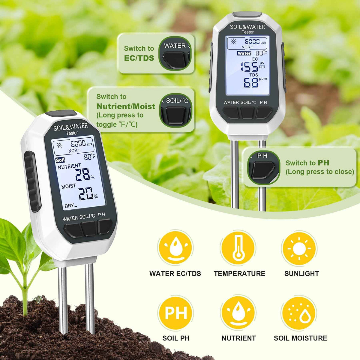 7-in-1 Soil＆Water Meter Digital Plant Temperature/Soil Moisture/PH Meter/Sunlight Intensity/Fertility/EC/TDS Backlight LCD Display Soil Test Meter TDS EC Meter for Garden Indoor Outdoor 🍁 All In One Marketplace Canada