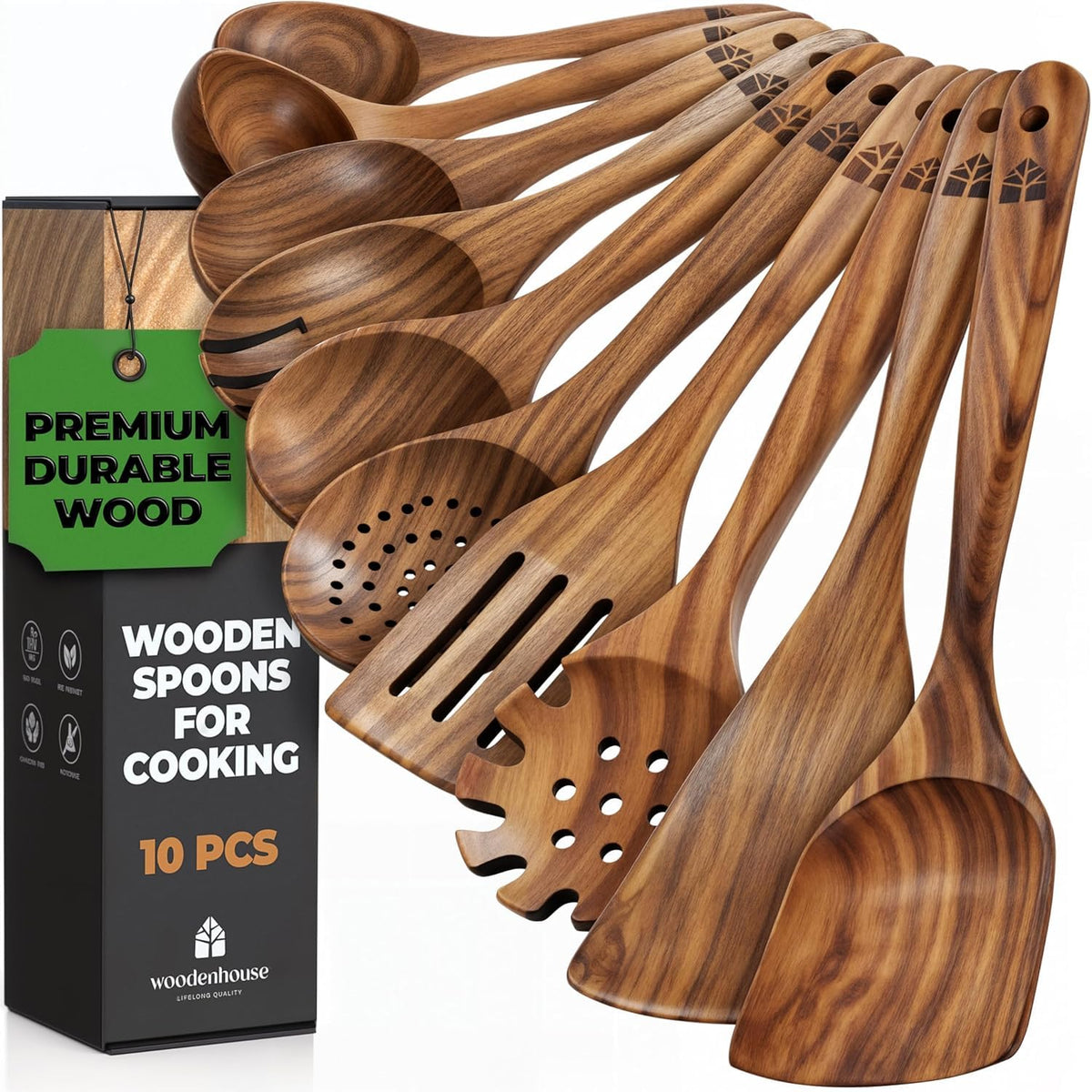 Wooden Spoons for Cooking, Kitchen Utensil Set, 10 Pcs Cooking Utensils Set for Nonstick Pans & Cookware – Study Teak Wood, Lightweight & Heat Resistant 🍁 All In One Marketplace Canada