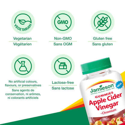 Jamieson Apple Cider Vinegar Gummy with Chromium, 60 Red Apple Flavoured Gummies. Helps Maintain Normal Blood Glucose Levels and Supports Metabolism. Vegetarian, No Artificial Colours or Flavours 🍁 All In One Marketplace Canada