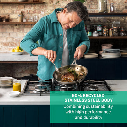 Jamie Oliver by Tefal Cook Smart Frying Pan 9.4 in / 24 cm, Uncoated Stainless Steel, Robust, Fast Heating, Even Cooking, Riveted Handle, Induction Safe, Oven and Dishwasher Safe 🍁 All In One Marketplace Canada