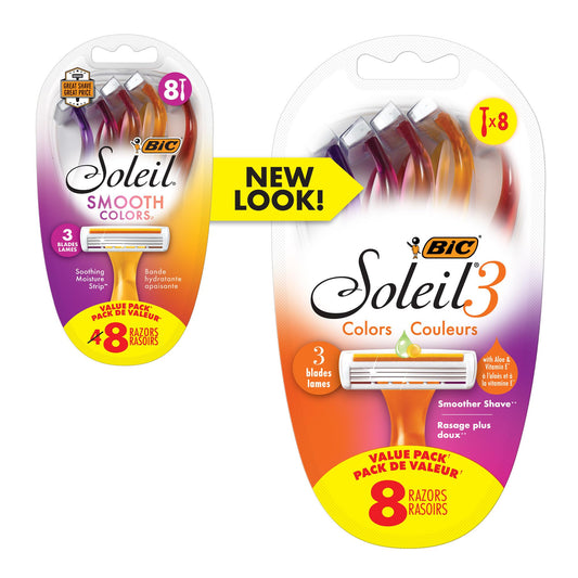 BIC Soleil 3 Colors Women's Disposable 3-Blade Razors, Aloe Strip, Women's Razors for University Residence Room Essentials and First Apartment Essentials, 8-Pack 🍁 All In One Marketplace Canada