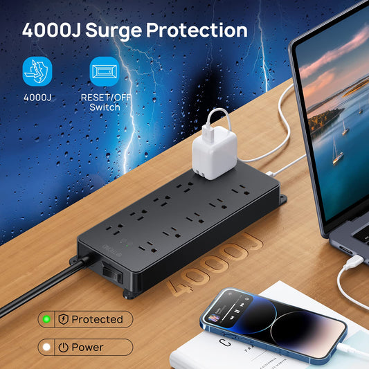 TROND Surge Protector Power Bar with 2 USB C, 4000 Joules, ETL Listed, 10 Widely Spaced Outlets, 5ft Flat Plug Extension Cord Indoor, Wall Mountable, Home Office Supplies Dorm Room Essentials 🍁 All In One Marketplace Canada