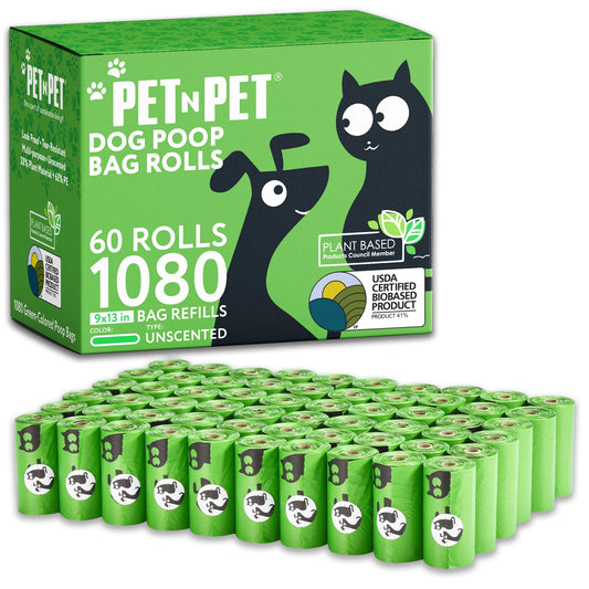 Pet N Pet Dog Poop Bags - USDA Certified 41% Plant-Based Doggy Poop Bags - Leak-Proof Sac Caca Chien Refill Rolls (1080 Count, Unscented, Green) 🍁 All In One Marketplace Canada