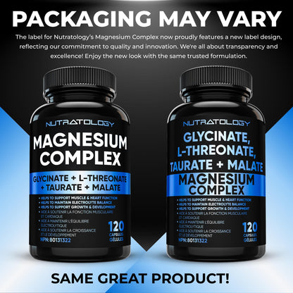 Nutratology Magnesium Complex - Glycinate, Malate, L-Threonate & Taurate With Vitamin B6 + Bioperine For Enhanced Absorption - Helps Support Healthy Bones, Muscles, Teeth & Heart - 100MG Elemental Magnesium Per Capsule - 120 Count
