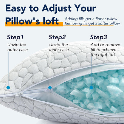 Cooling Memory Foam Pillows Queen Size Set of 2, Adjustable Shredded Foam Bed Pillows for Sleeping, Soft Support Pillows for Side & Back Sleepers with Breathable Dual-Sided Soft & Cooling Fabric 🍁 All In One Marketplace Canada
