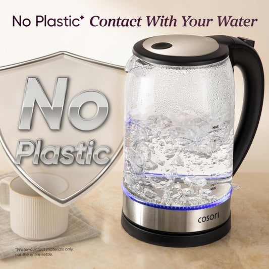 Cosori Electric Kettle, No Plastic Filter & Spout, 1.7L Tea Kettle & Hot Water Boiler For Coffee & Tea, Water Heater & Teapot, Automatic Shut Off, Borosilicate glass, Black, 1500W 🍁 All In One Marketplace Canada