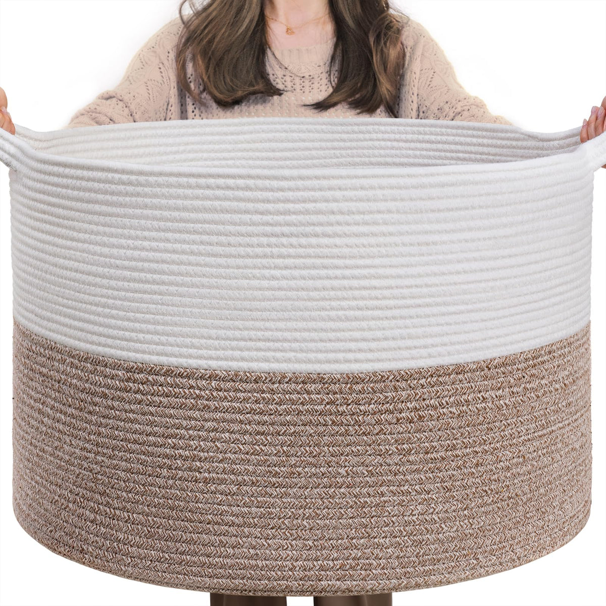 INDRESSME XXXLarge Cotton Rope Basket 21.7" x 21.7" x 13.8" Woven Laundry Basket for Blankets, Storage Basket with Handle Comforter Cushions Storage Bins Thread Laundry Hamper 🍁 All In One Marketplace Canada