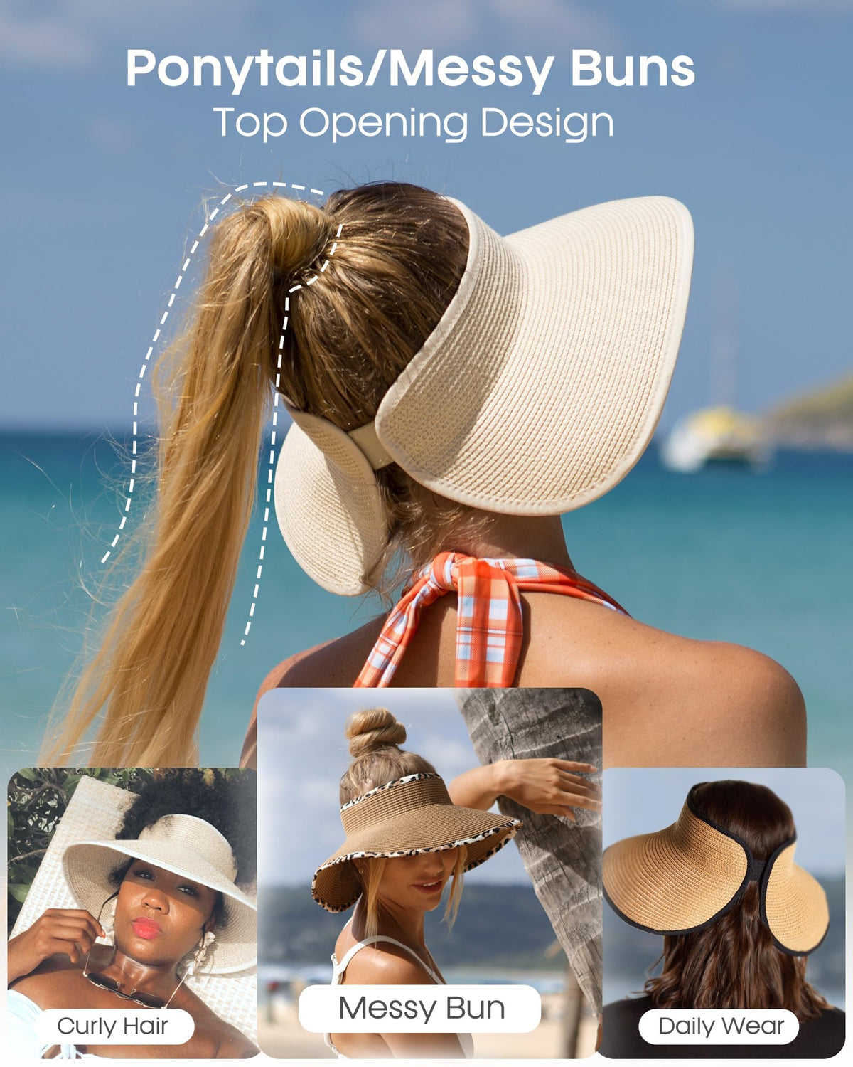 FURTALK Sun Visor Hats for Women Wide Brim Straw Roll Up Ponytail Summer Beach Hat UV UPF 50 Packable Foldable Travel 🍁 All In One Marketplace Canada