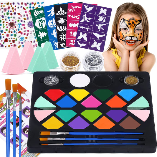 BOBISUKA Face Painting Kit for Kids - 16 Colors Water Based Body Face Paint Includes Brushes,Sponges,Glitters,Gem Sheet,Instructions,Stencils for Halloween Party Costume SFX Makeup 🍁 All In One Marketplace Canada