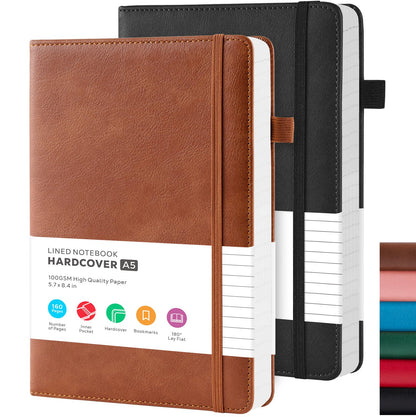 2 Pack Journal Notebook, Hardcover A5 Diary Journal for Women/Men Work, Leather Notebooks for School Supplies, 100GSM Lined Paper, No Bleed, Inner Pocket, Brown Black 🍁 All In One Marketplace Canada