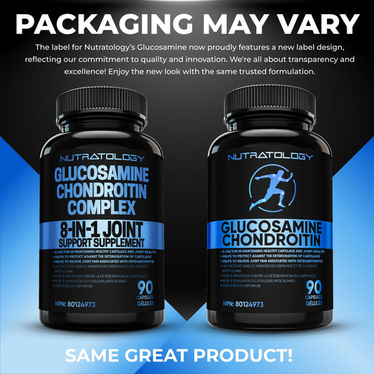 Nutratology® Glucosamine Joint Supplement with Chondroitin, MSM & Turmeric | Canadian-Made | Joint Pain Relief Supplements - 1500MG Glucosamine - Supports Healthy Joints & Cartilage - 90 Capsules 🍁 All In One Marketplace Canada