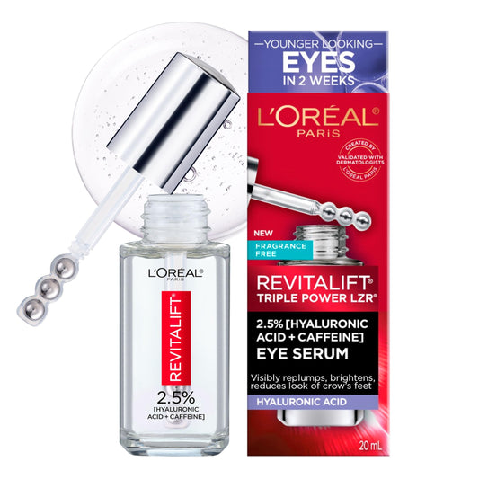 L’Oréal Paris 2.5% Hyaluronic Acid & Caffeine Plumping Eye Serum, Brightens Look of Dark Circles, Reduces Look of Crow's Feet & Wrinkles, Revitalift, For All Skin Tones & Types, Fragrance Free, 20ml 🍁 All In One Marketplace Canada