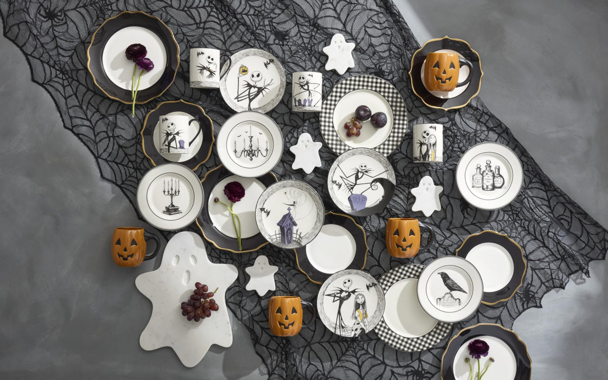 Lenox Gingham Black Halloween Porcelain Dinner Plate Set for 4