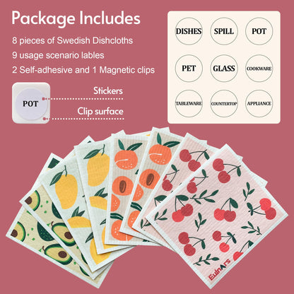 Eulnars Swedish Dish Cloth, 8-Pack Reusable Paper Towels, Swedish Dish Cloth with 3 Clips, 9 Classified Labels, Quick Drying Washable Dish Cloths, Super Absorbent Kitchen Towels, Odorless 🍁 All In One Marketplace Canada