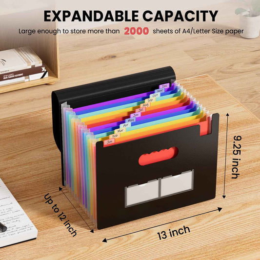 Sooez Accordion File Organizer, 13 Pockets Expanding File Folders, Portable Monthly Paper Bill Tax Receipt Organizer, Letter A4 Size Document Holder with Blank Labels, Black 🍁 All In One Marketplace Canada